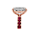 Rose gold Emerald Cut Diamond Solitaire Ring with Round Garnet Pavé Band and Prong Setting_5