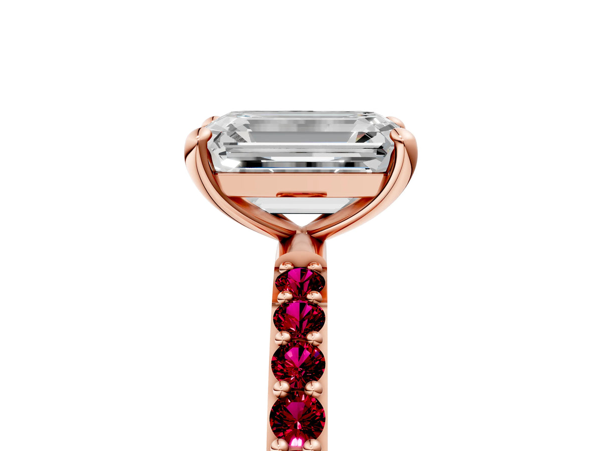 Rose gold Emerald Cut Diamond Solitaire Ring with Round Garnet Pavé Band and Prong Setting_5