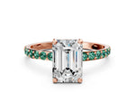 Rose gold Emerald Cut Diamond Solitaire Ring with Round Green Sapphire Pavé Band and Prong Setting