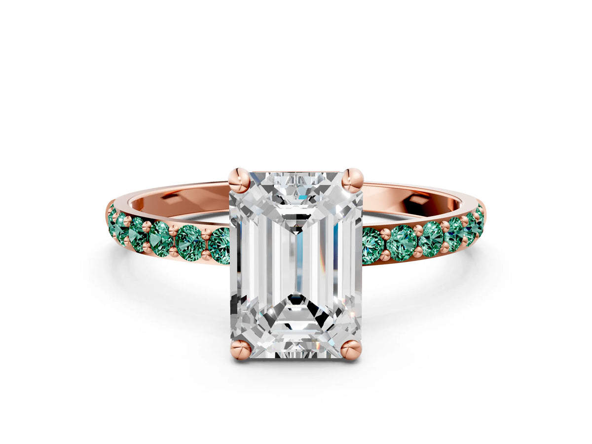 Rose gold Emerald Cut Diamond Solitaire Ring with Round Green Sapphire Pavé Band and Prong Setting