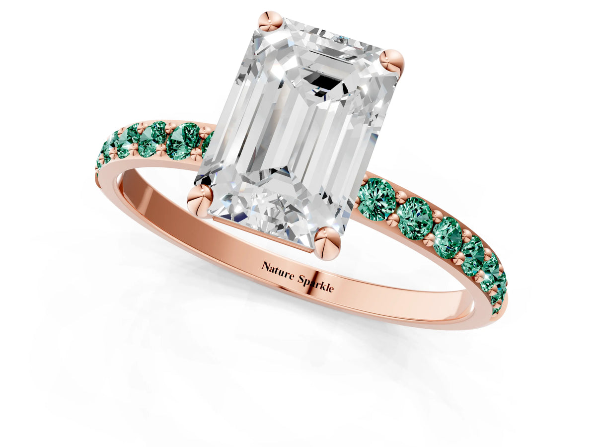Rose gold Emerald Cut Diamond Solitaire Ring with Round Green Sapphire Pavé Band and Prong Setting_1