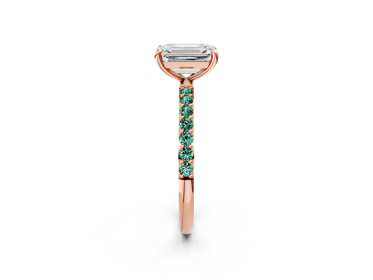 Rose gold Emerald Cut Diamond Solitaire Ring with Round Green Sapphire Pavé Band and Prong Setting_2
