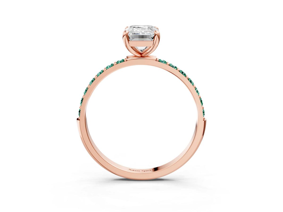 Rose gold Emerald Cut Diamond Solitaire Ring with Round Green Sapphire Pavé Band and Prong Setting_3