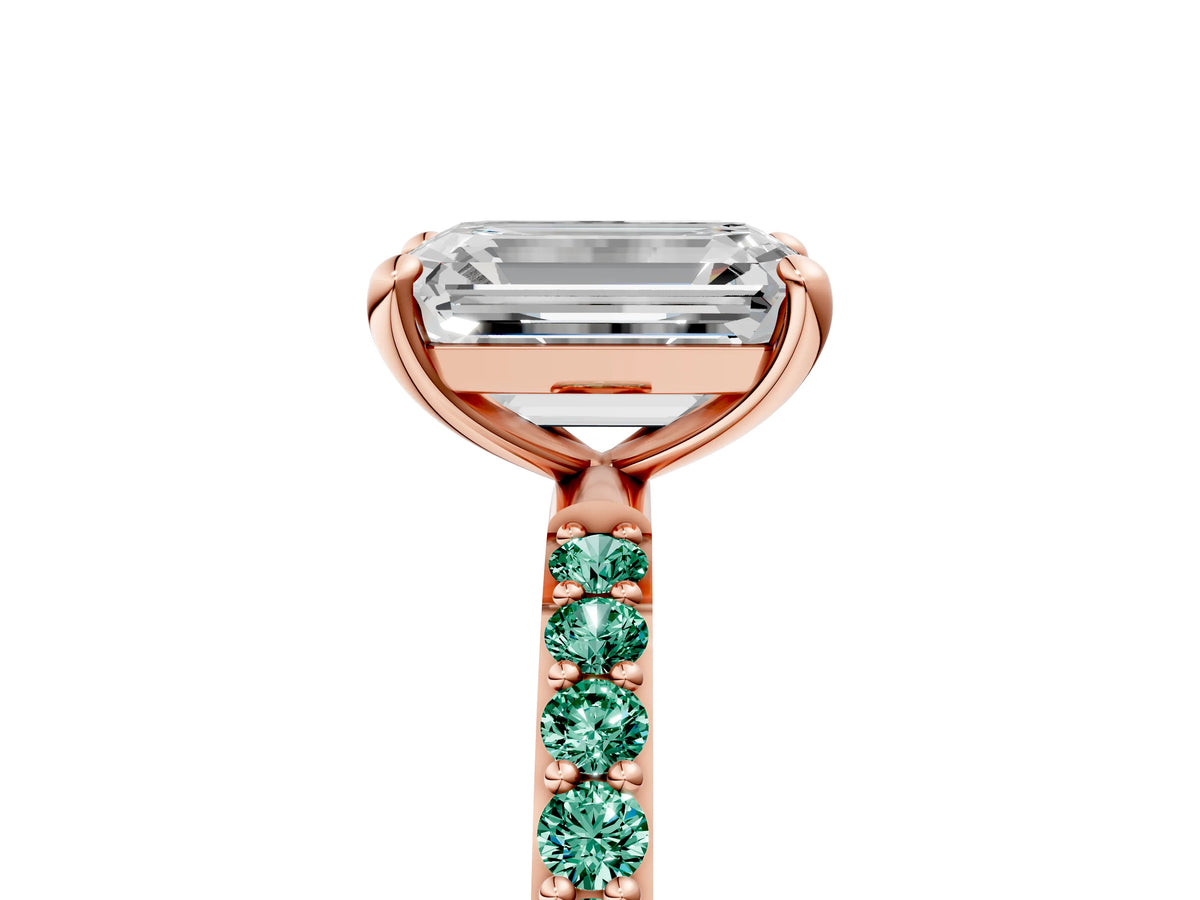 Rose gold Emerald Cut Diamond Solitaire Ring with Round Green Sapphire Pavé Band and Prong Setting_5