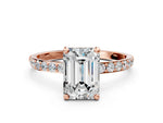 Rose gold Emerald Cut Diamond Solitaire Ring with Round Moissanite Pavé Band and Prong Setting
