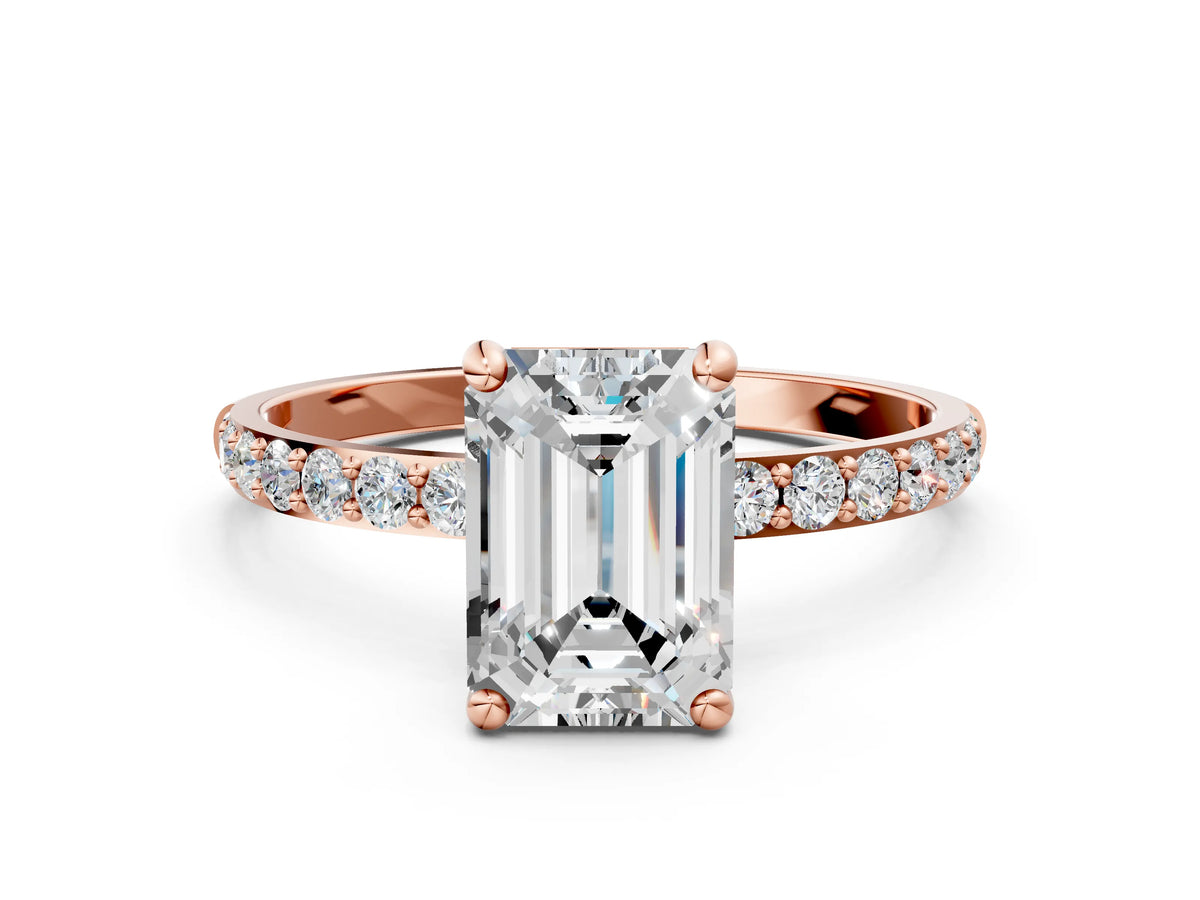 Rose gold Emerald Cut Diamond Solitaire Ring with Round Moissanite Pavé Band and Prong Setting