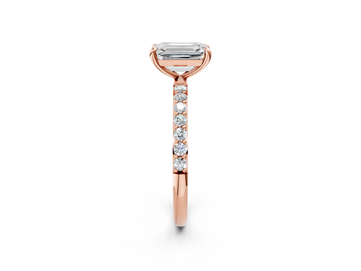 Rose gold Emerald Cut Diamond Solitaire Ring with Round Moissanite Pavé Band and Prong Setting_2