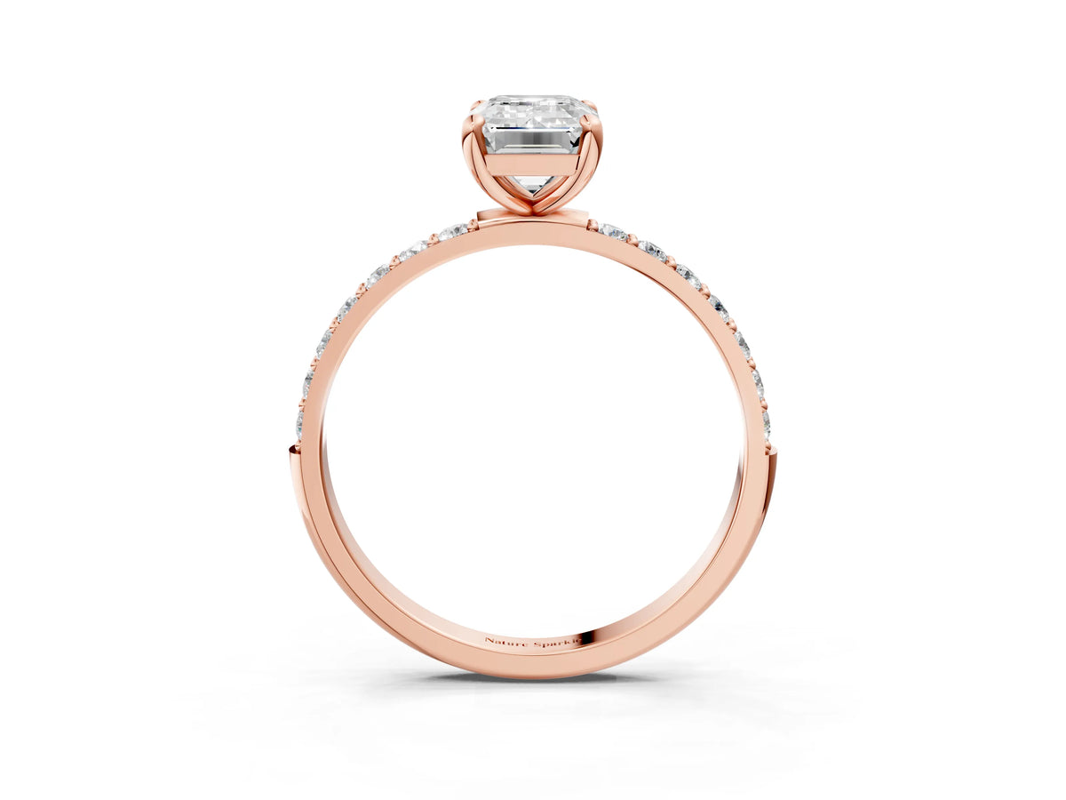 Rose gold Emerald Cut Diamond Solitaire Ring with Round Moissanite Pavé Band and Prong Setting_3