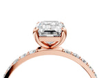Rose gold Emerald Cut Diamond Solitaire Ring with Round Moissanite Pavé Band and Prong Setting_4