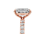 Rose gold Emerald Cut Diamond Solitaire Ring with Round Moissanite Pavé Band and Prong Setting_5