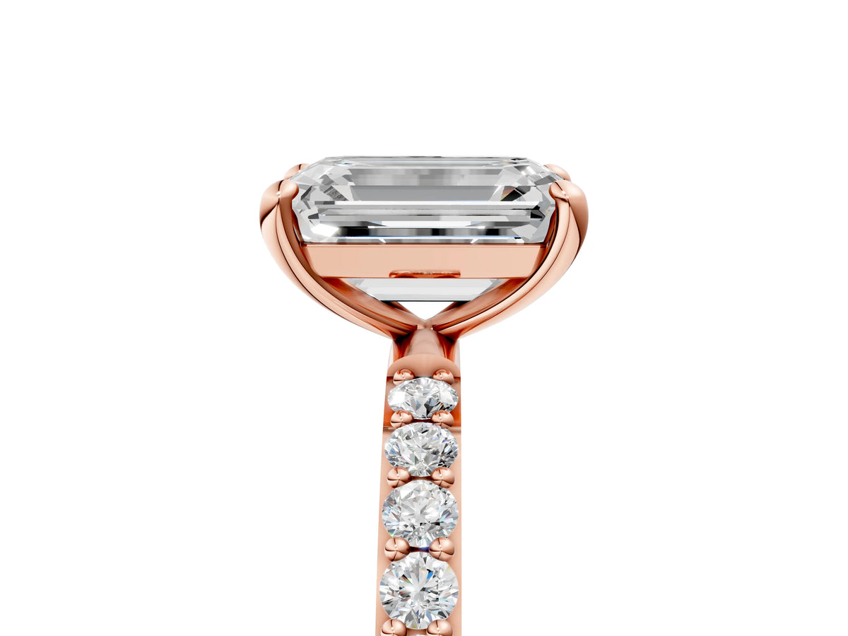 Rose gold Emerald Cut Diamond Solitaire Ring with Round Moissanite Pavé Band and Prong Setting_5