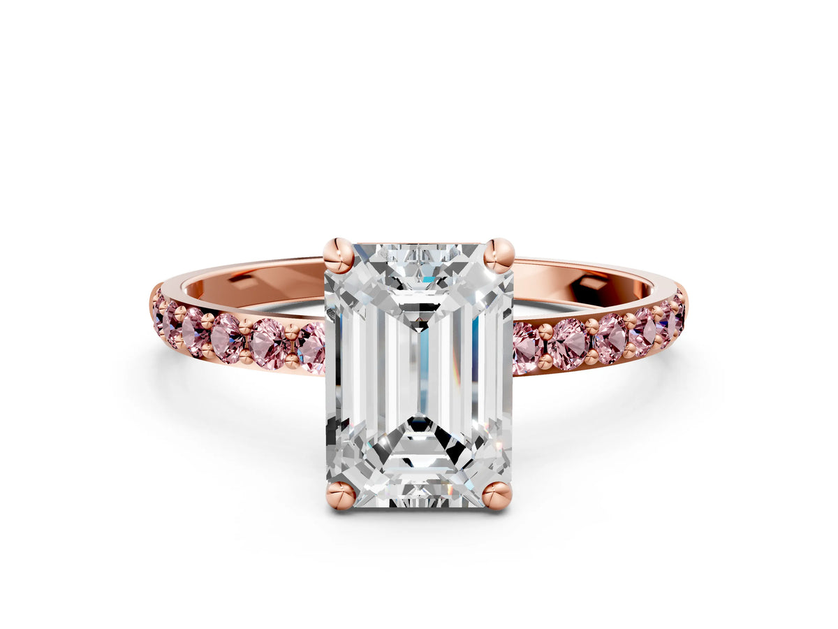 Rose gold Emerald Cut Diamond Solitaire Ring with Round Morganite Pavé Band and Prong Setting