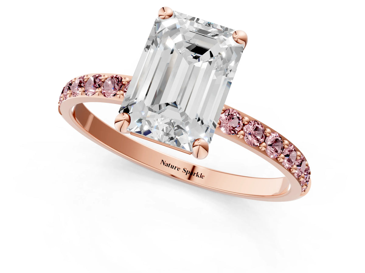 Rose gold Emerald Cut Diamond Solitaire Ring with Round Morganite Pavé Band and Prong Setting_1