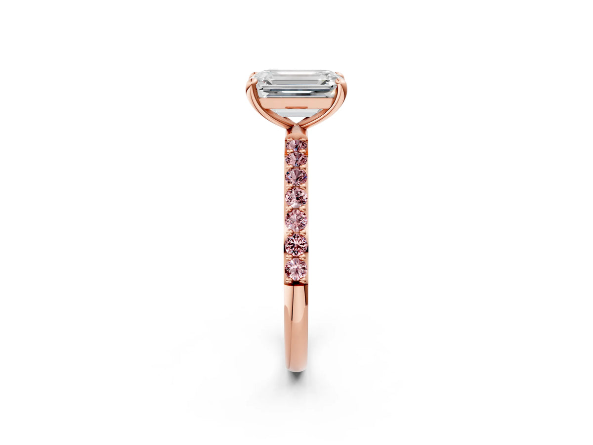 Rose gold Emerald Cut Diamond Solitaire Ring with Round Morganite Pavé Band and Prong Setting_2