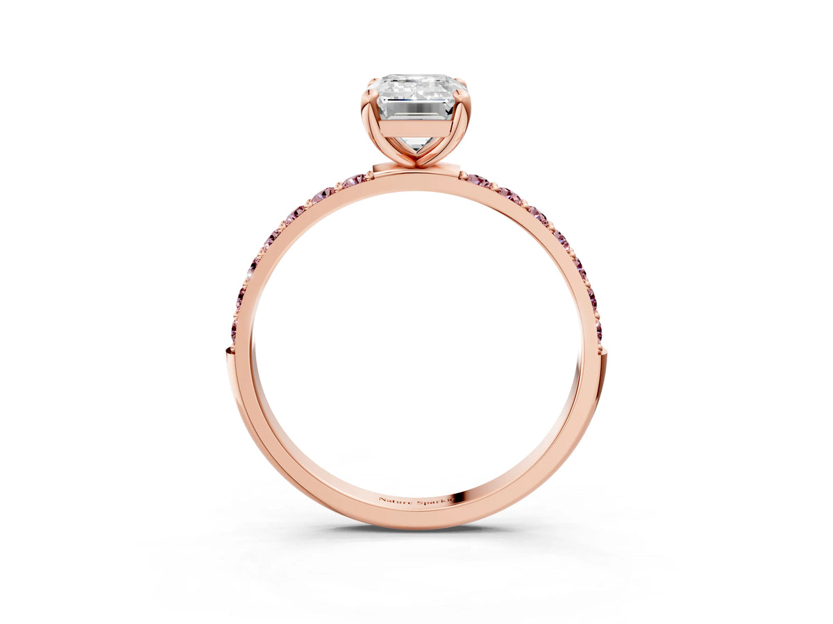 Rose gold Emerald Cut Diamond Solitaire Ring with Round Morganite Pavé Band and Prong Setting_3