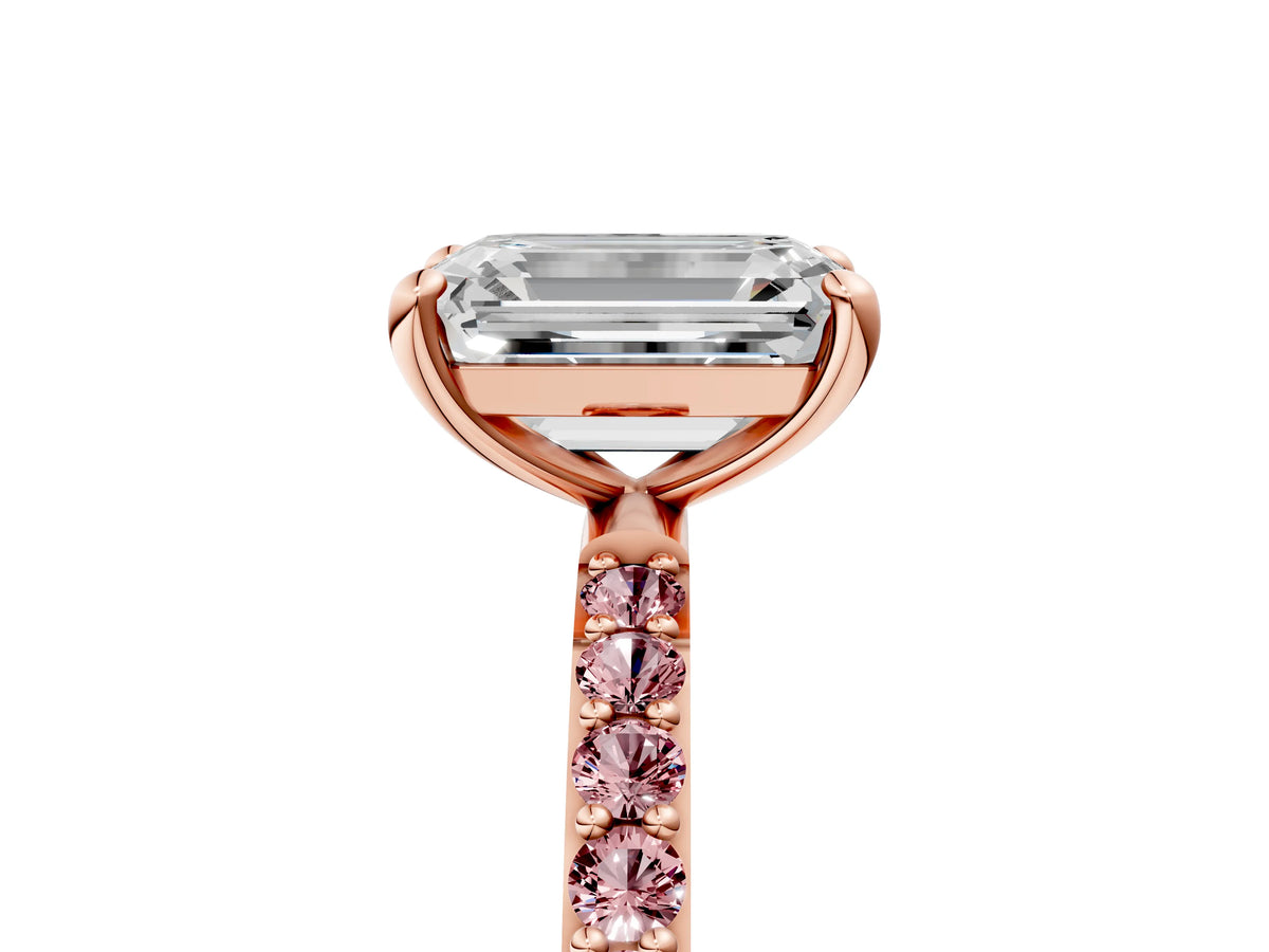 Rose gold Emerald Cut Diamond Solitaire Ring with Round Morganite Pavé Band and Prong Setting_5