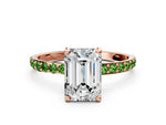 Rose gold Emerald Cut Diamond Solitaire Ring with Round Peridot Pavé Band and Prong Setting