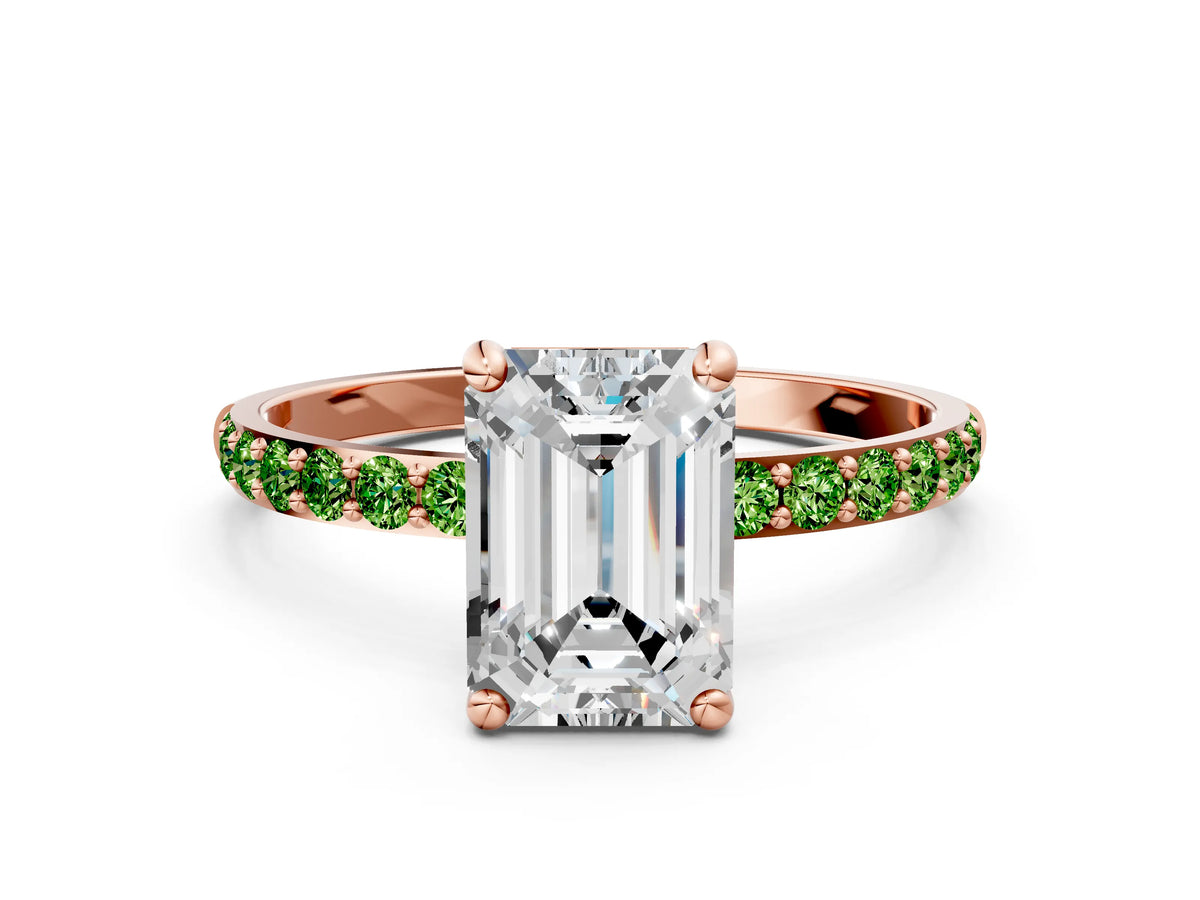 Rose gold Emerald Cut Diamond Solitaire Ring with Round Peridot Pavé Band and Prong Setting