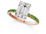 Rose gold Emerald Cut Diamond Solitaire Ring with Round Peridot Pavé Band and Prong Setting_1
