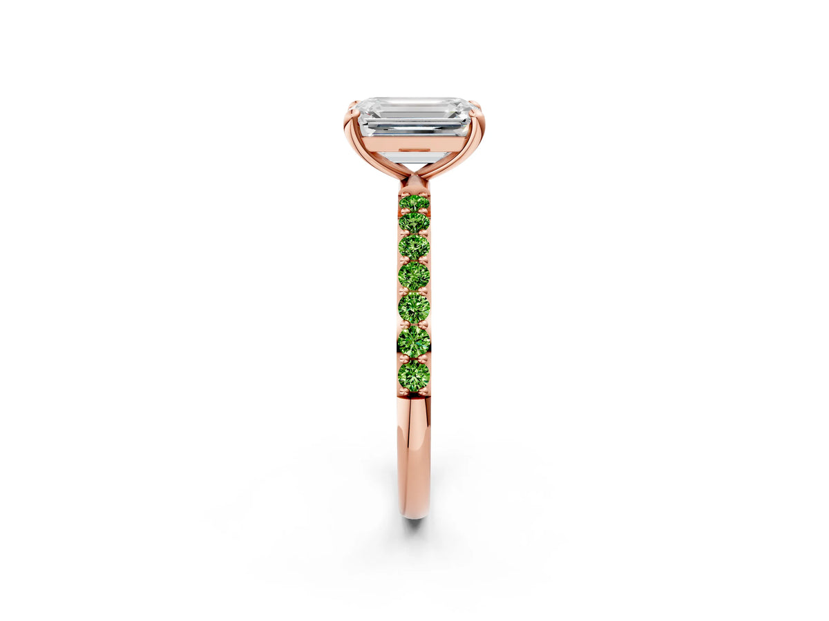 Rose gold Emerald Cut Diamond Solitaire Ring with Round Peridot Pavé Band and Prong Setting_2