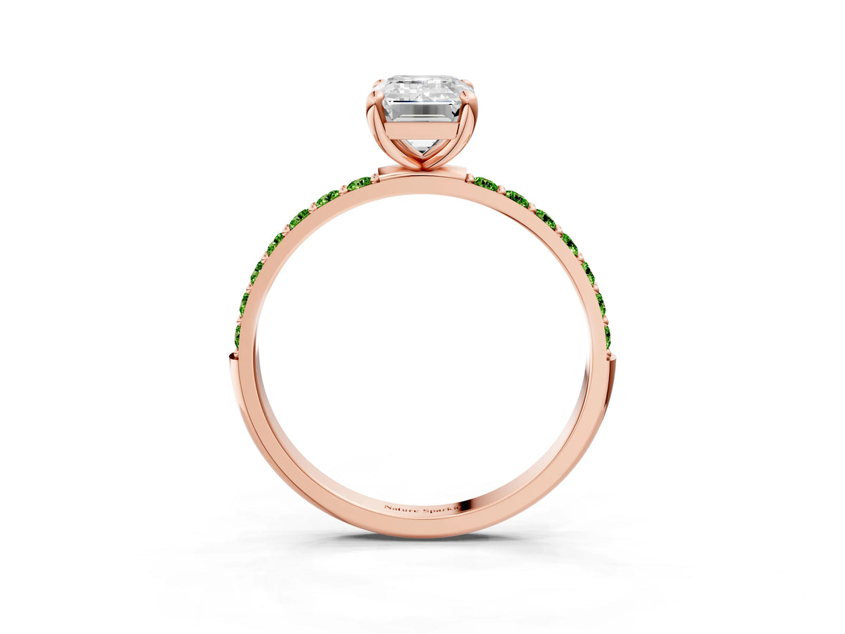 Rose gold Emerald Cut Diamond Solitaire Ring with Round Peridot Pavé Band and Prong Setting_3