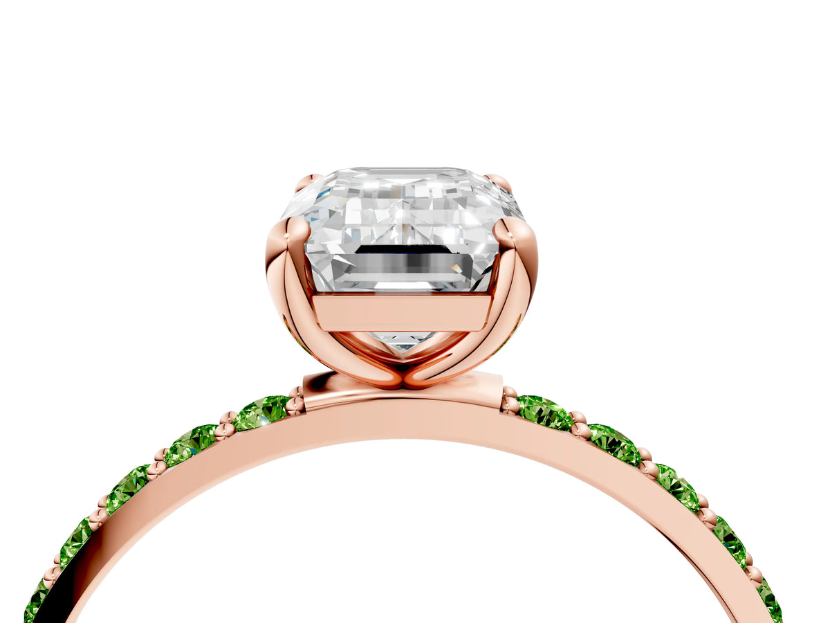 Rose gold Emerald Cut Diamond Solitaire Ring with Round Peridot Pavé Band and Prong Setting_4