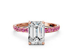 Rose gold Emerald Cut Diamond Solitaire Ring with Round Pink Sapphire Pavé Band and Prong Setting