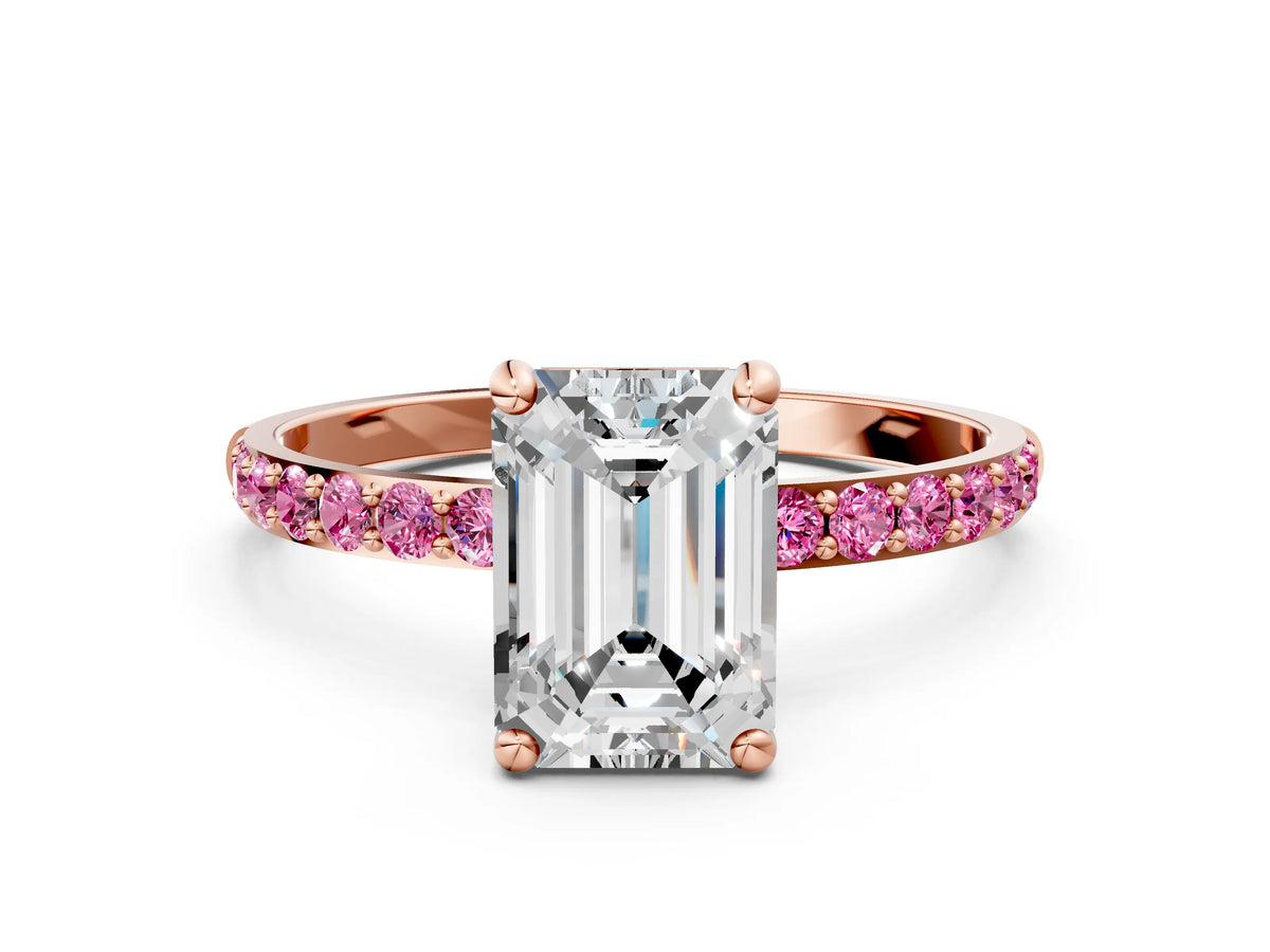 Rose gold Emerald Cut Diamond Solitaire Ring with Round Pink Sapphire Pavé Band and Prong Setting