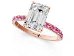 Rose gold Emerald Cut Diamond Solitaire Ring with Round Pink Sapphire Pavé Band and Prong Setting_1