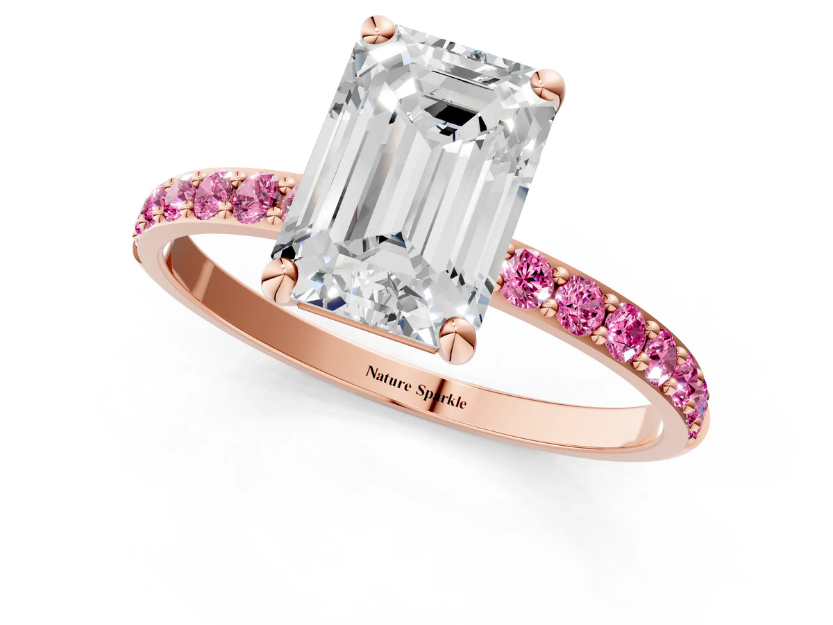Rose gold Emerald Cut Diamond Solitaire Ring with Round Pink Sapphire Pavé Band and Prong Setting_1