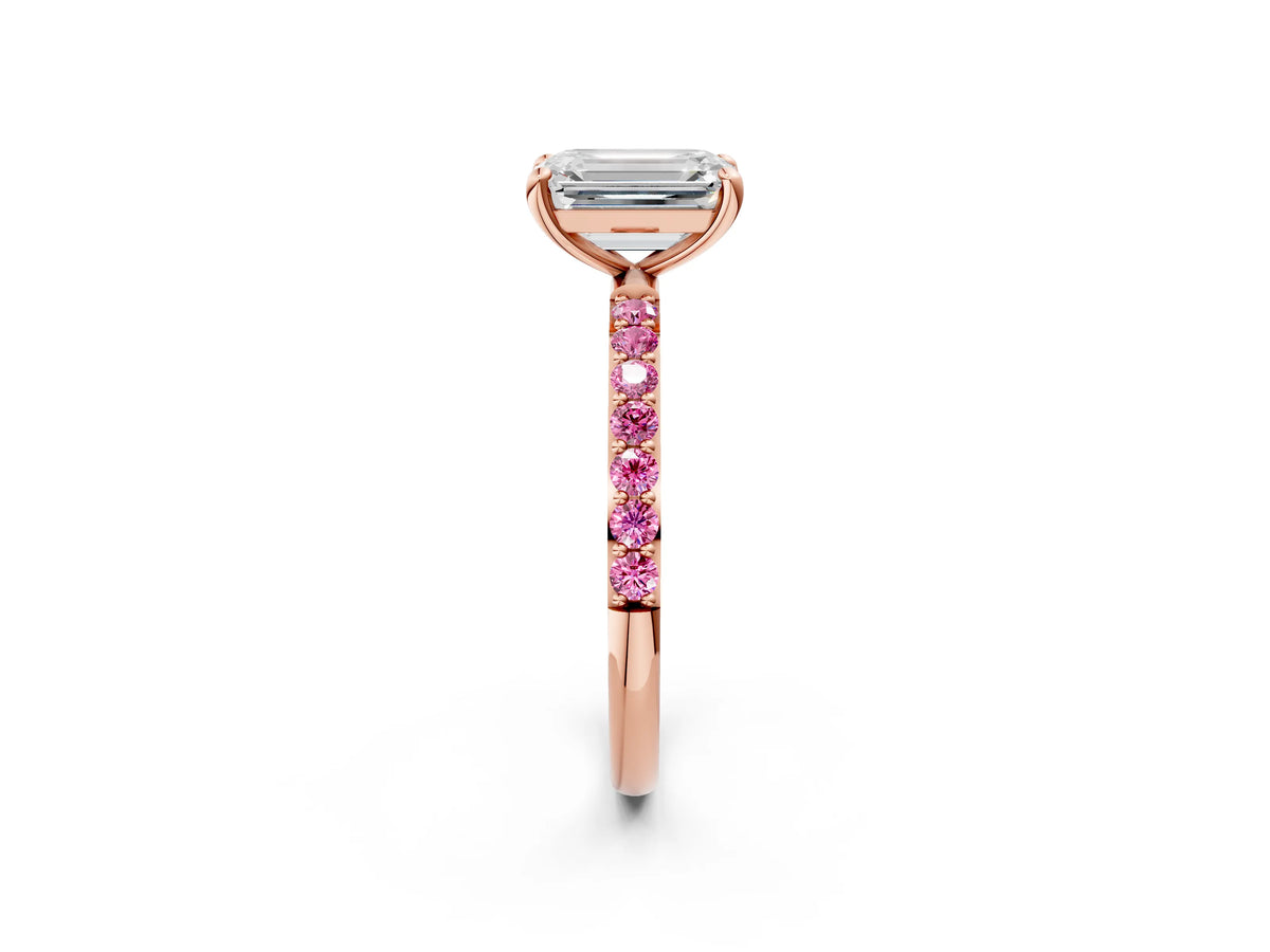 Rose gold Emerald Cut Diamond Solitaire Ring with Round Pink Sapphire Pavé Band and Prong Setting_2