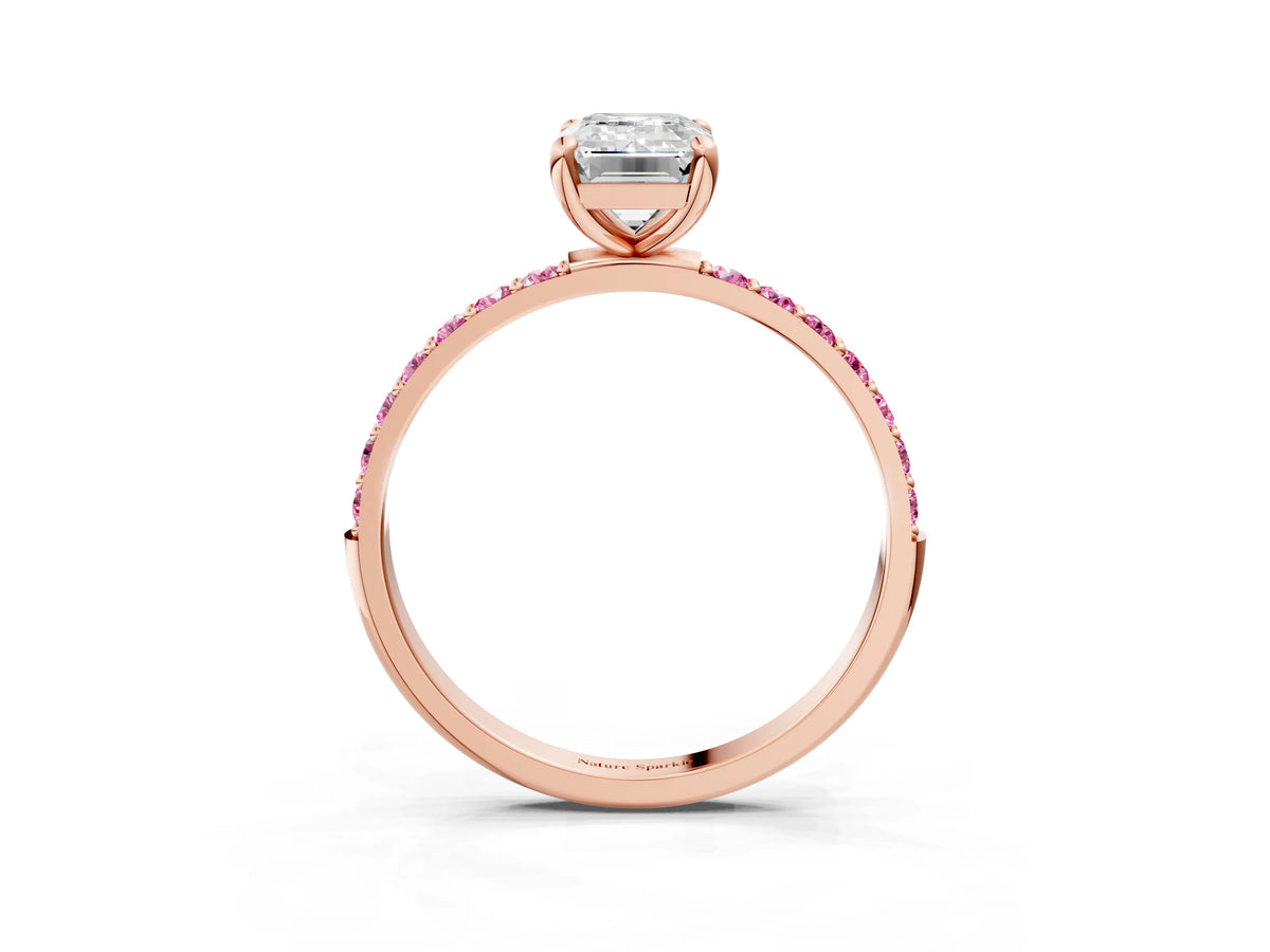Rose gold Emerald Cut Diamond Solitaire Ring with Round Pink Sapphire Pavé Band and Prong Setting_3