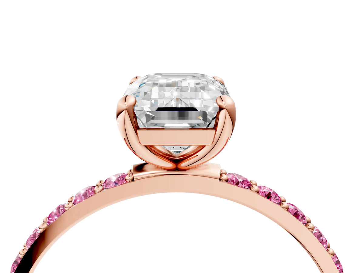 Rose gold Emerald Cut Diamond Solitaire Ring with Round Pink Sapphire Pavé Band and Prong Setting_4