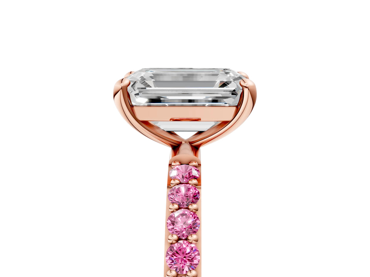 Rose gold Emerald Cut Diamond Solitaire Ring with Round Pink Sapphire Pavé Band and Prong Setting_5