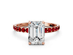 Rose gold Emerald Cut Diamond Solitaire Ring with Round Ruby Pavé Band and Prong Setting