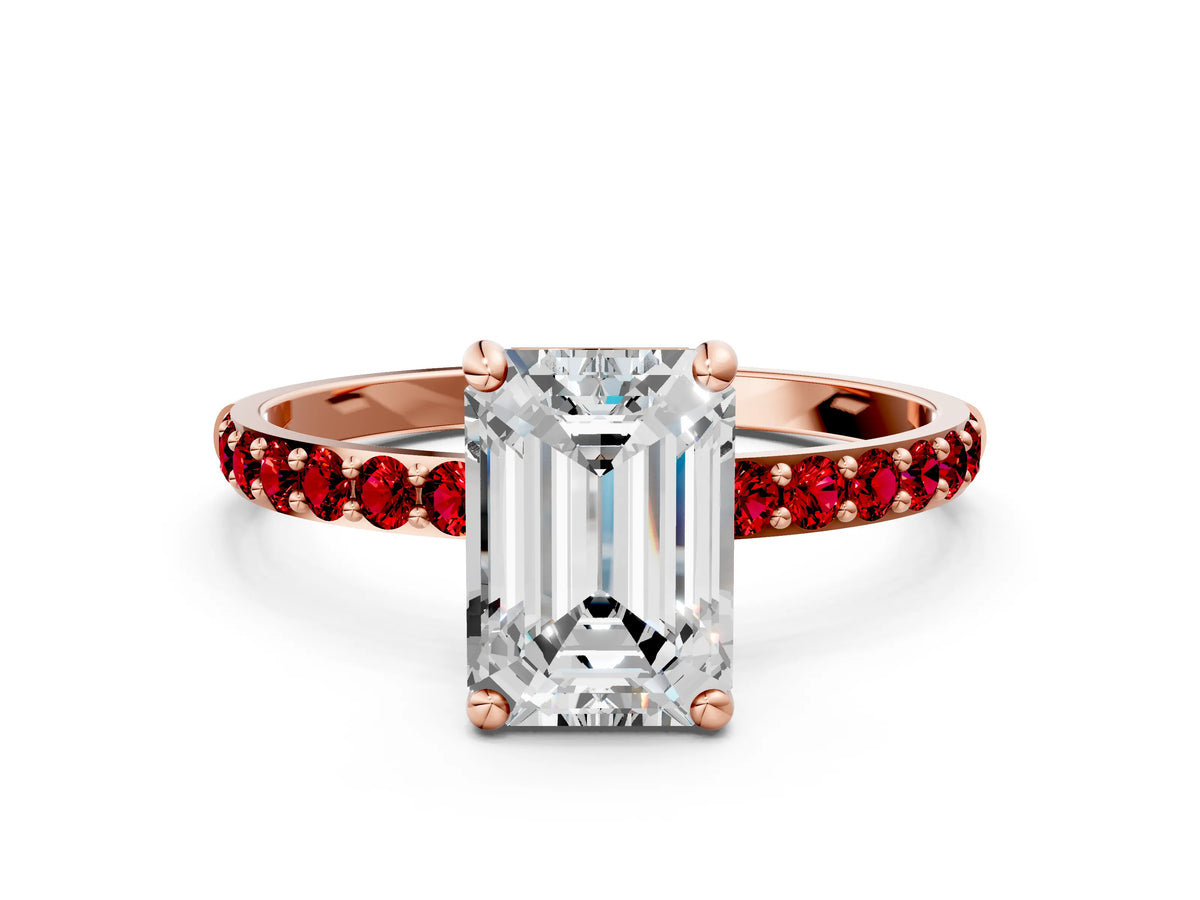 Rose gold Emerald Cut Diamond Solitaire Ring with Round Ruby Pavé Band and Prong Setting