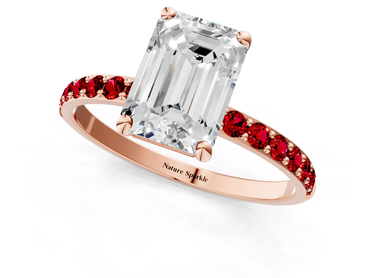 Rose gold Emerald Cut Diamond Solitaire Ring with Round Ruby Pavé Band and Prong Setting_1
