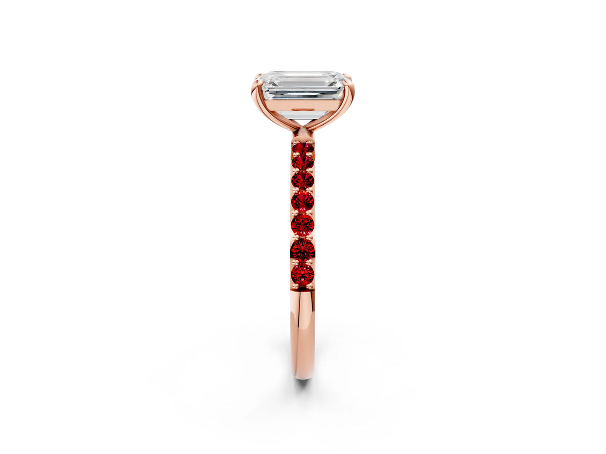 Rose gold Emerald Cut Diamond Solitaire Ring with Round Ruby Pavé Band and Prong Setting_2