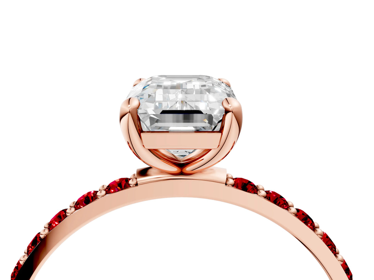 Rose gold Emerald Cut Diamond Solitaire Ring with Round Ruby Pavé Band and Prong Setting_4