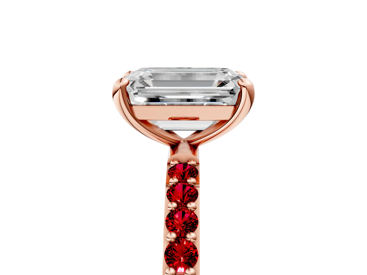 Rose gold Emerald Cut Diamond Solitaire Ring with Round Ruby Pavé Band and Prong Setting_5