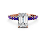 Rose gold Emerald Cut Diamond Solitaire Ring with Round Tanzanite Pavé Band and Prong Setting
