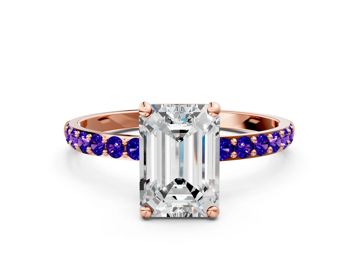 Rose gold Emerald Cut Diamond Solitaire Ring with Round Tanzanite Pavé Band and Prong Setting