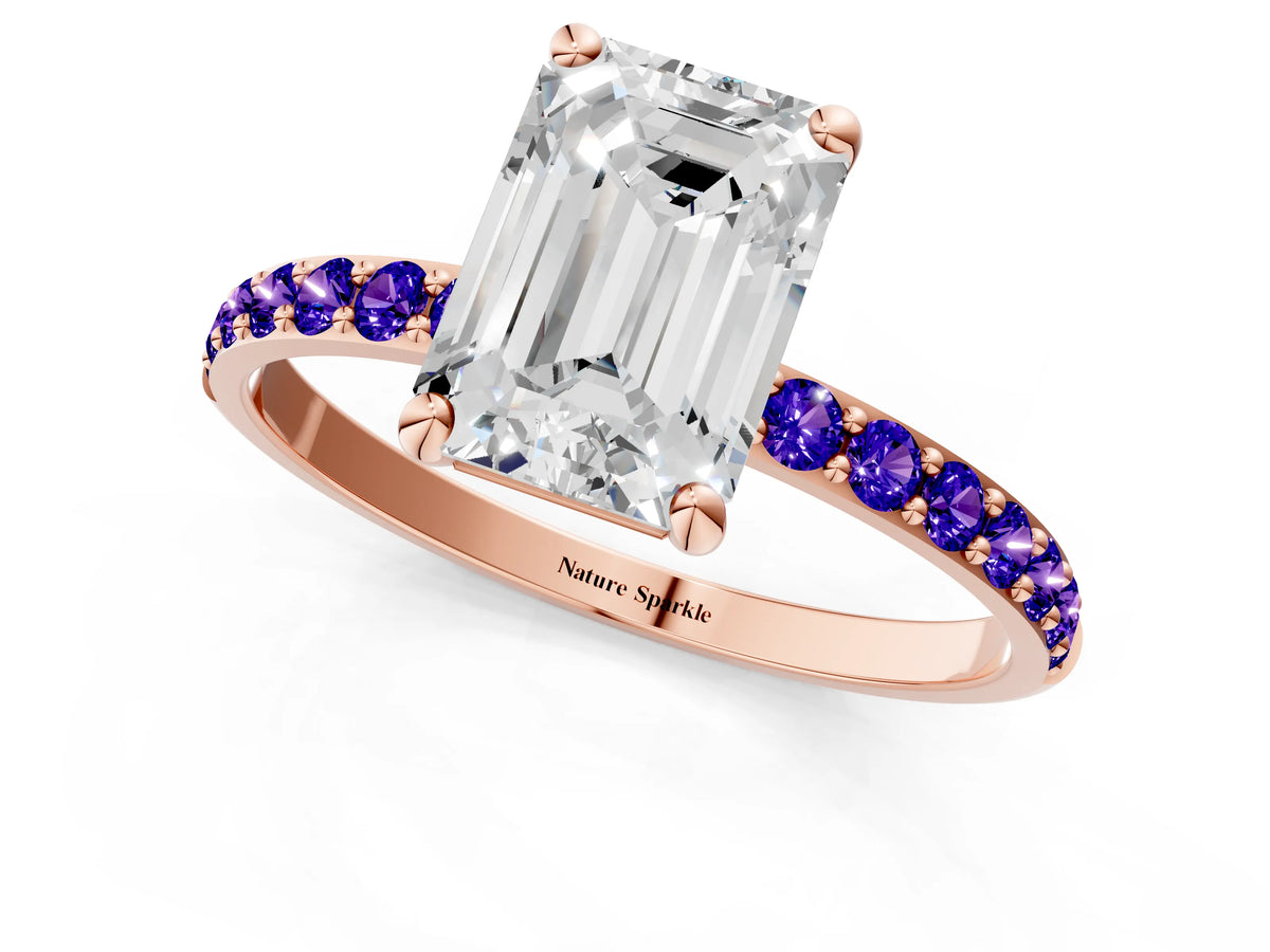 Rose gold Emerald Cut Diamond Solitaire Ring with Round Tanzanite Pavé Band and Prong Setting_1