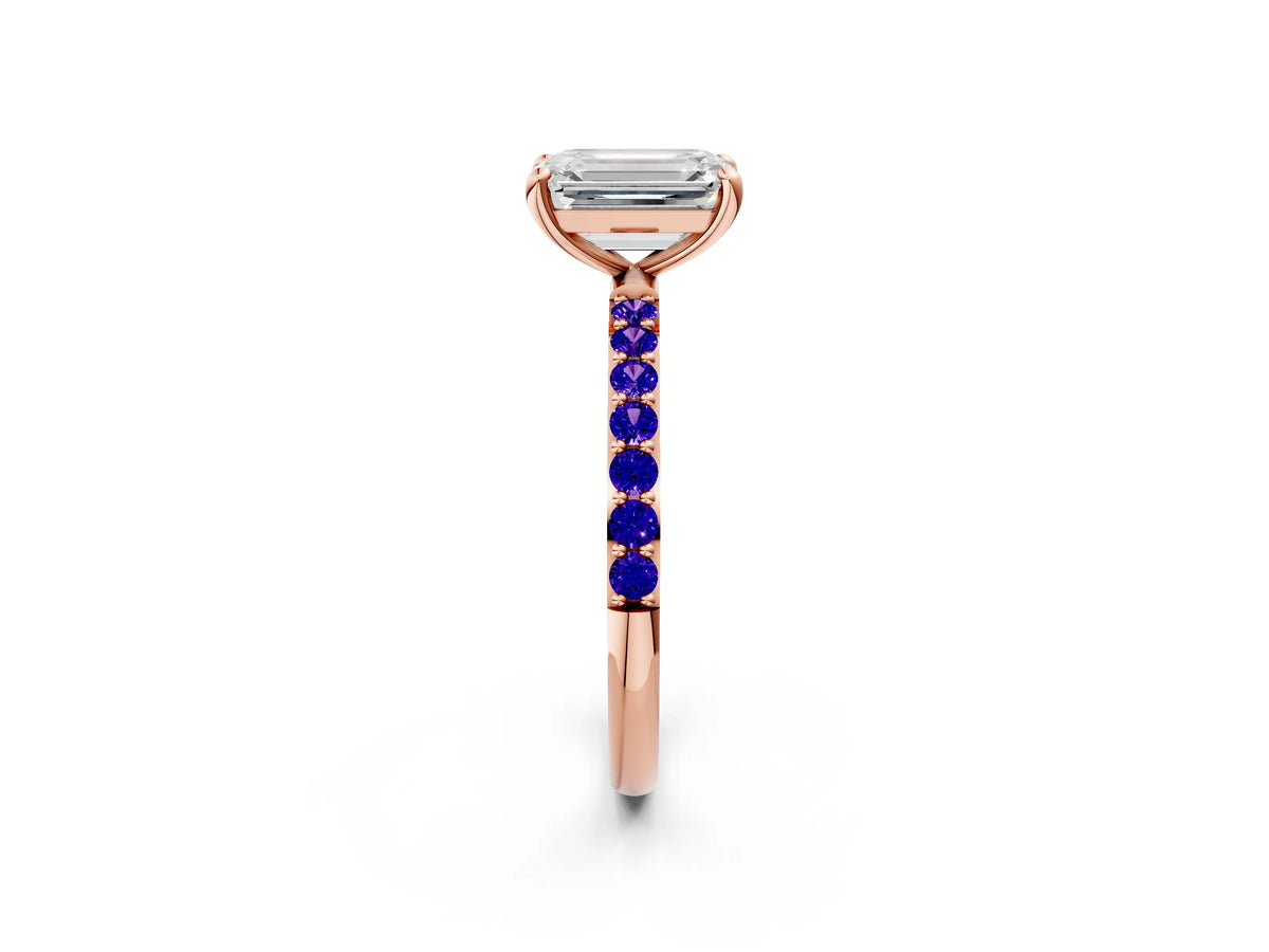 Rose gold Emerald Cut Diamond Solitaire Ring with Round Tanzanite Pavé Band and Prong Setting_2