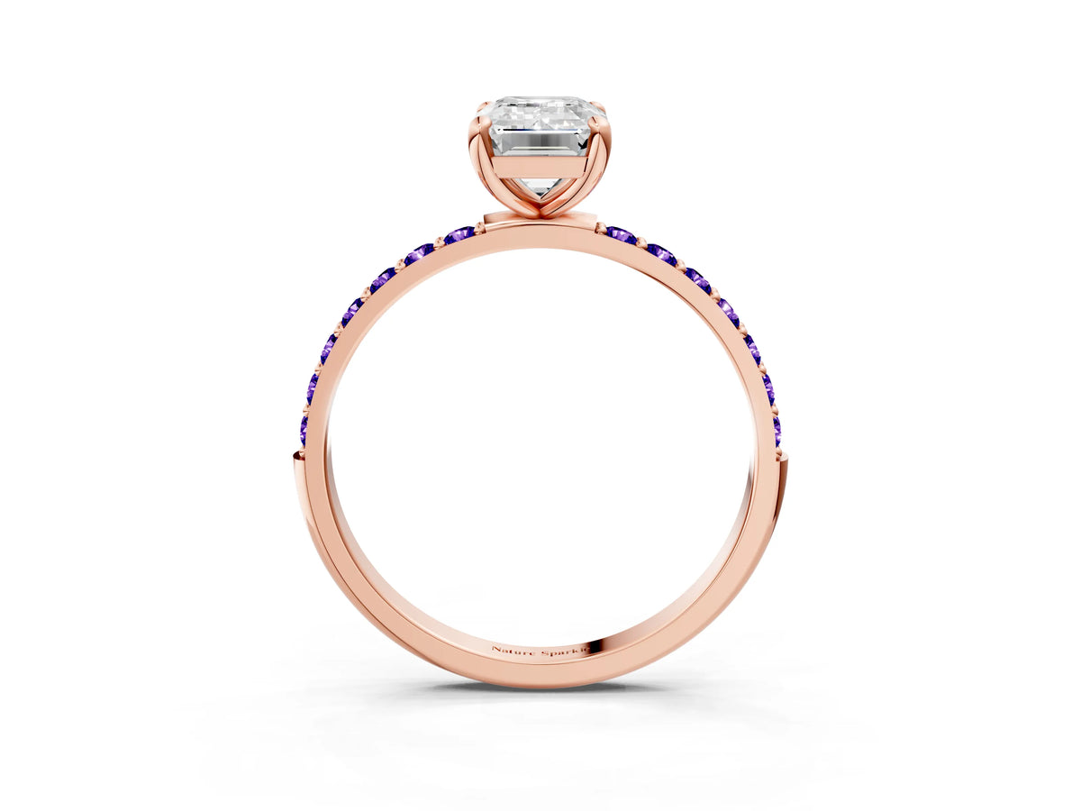 Rose gold Emerald Cut Diamond Solitaire Ring with Round Tanzanite Pavé Band and Prong Setting_3