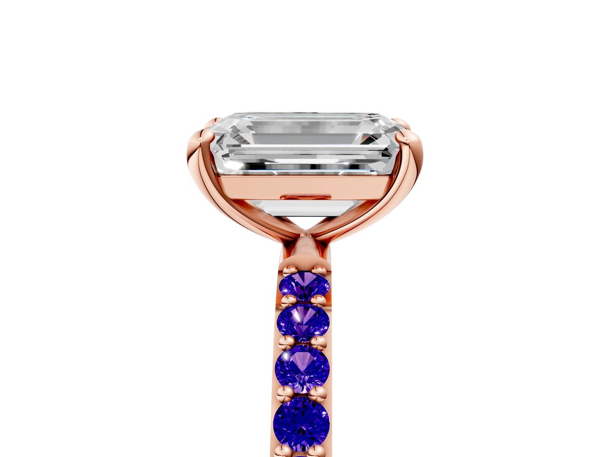 Rose gold Emerald Cut Diamond Solitaire Ring with Round Tanzanite Pavé Band and Prong Setting_5