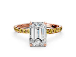 Rose gold Emerald Cut Diamond Solitaire Ring with Round Yellow Sapphire Pavé Band and Prong Setting