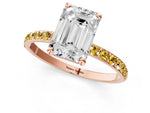 Rose gold Emerald Cut Diamond Solitaire Ring with Round Yellow Sapphire Pavé Band and Prong Setting_1