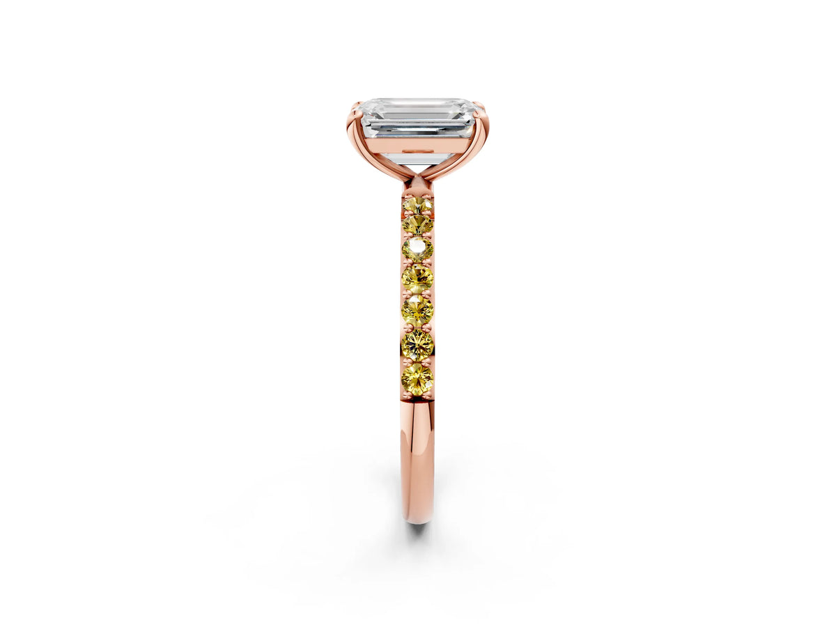 Rose gold Emerald Cut Diamond Solitaire Ring with Round Yellow Sapphire Pavé Band and Prong Setting_2