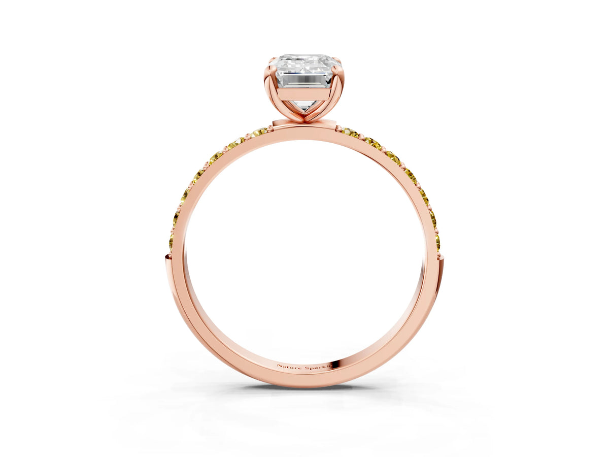 Rose gold Emerald Cut Diamond Solitaire Ring with Round Yellow Sapphire Pavé Band and Prong Setting_3